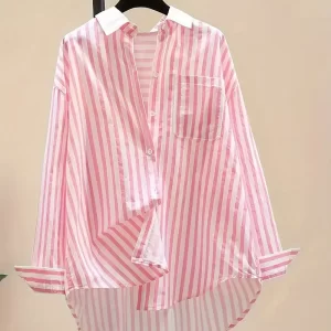 Oversized Asymmetric Striped Button-Down Shirt.