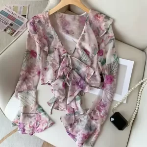 Floral Ruffle Bell Sleeve Tie-Front Blouse