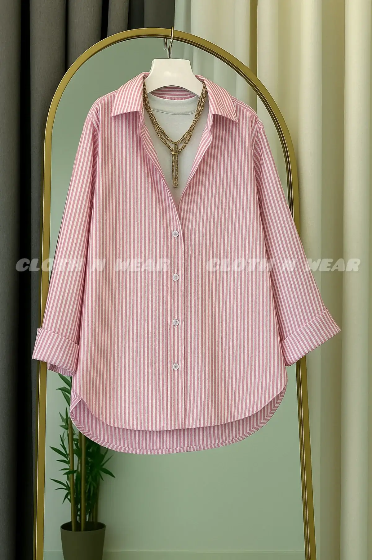 Oversized Asymmetric Striped Button-Down Shirt. - Image 2