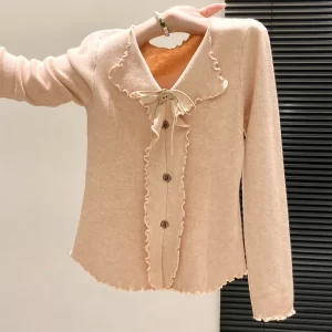 Ruffle Edge V-Neck Rib-Knit Cardigan
