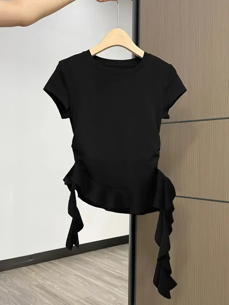Asymmetrical Ruched Ruffle Hem T-Shirt